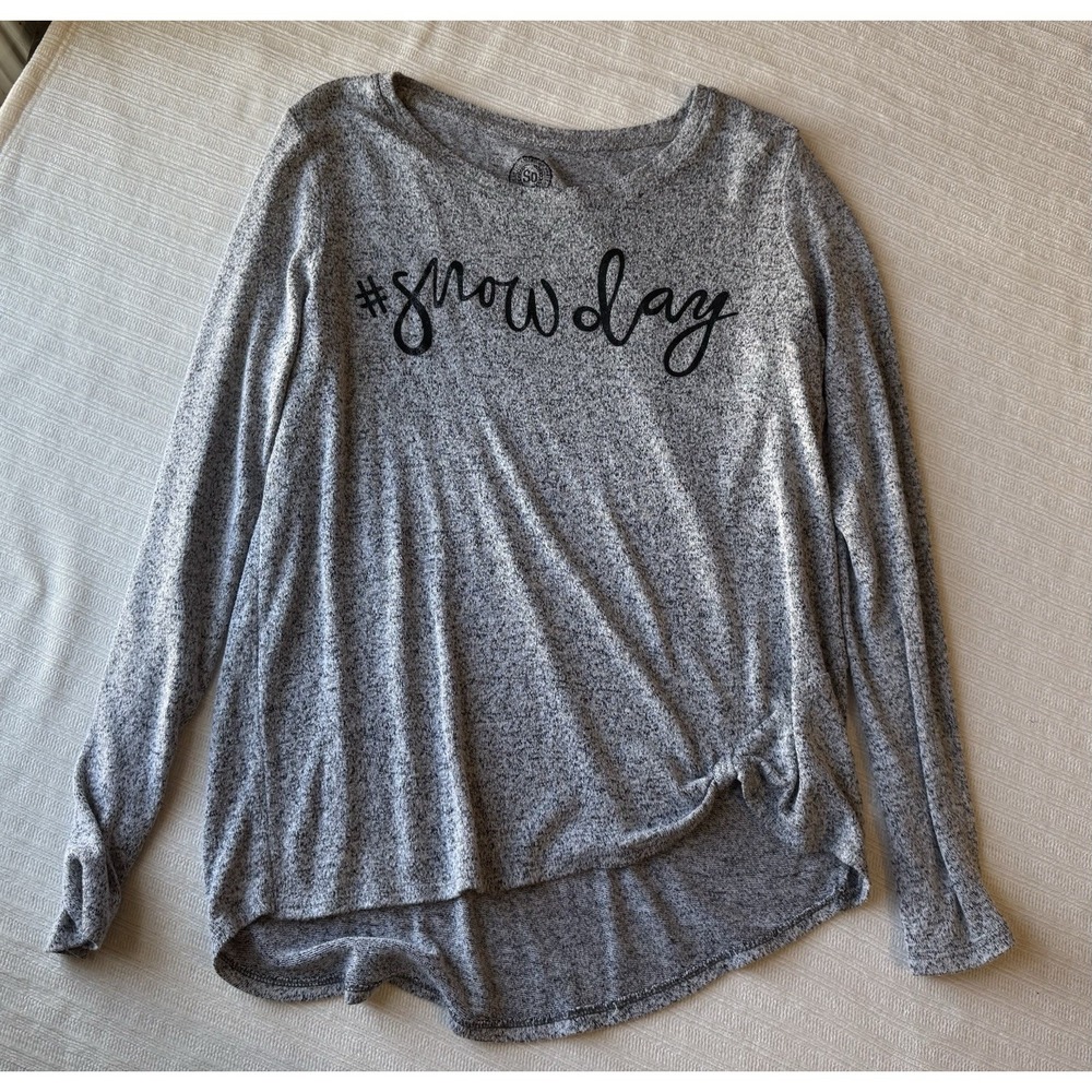 SO Gray Black Graphic Knot Hem‎ Knit Long Sleeve T-Shirt Girls Size 16